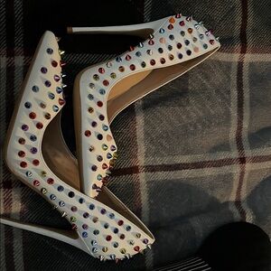 White Pointed-Toe Stiletto Pumps with Multicolor Studs